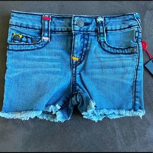 Cutest True Religion jean shorts with rainbow colored stitching detail!